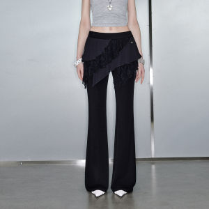 Unifree | Black Lace Spliced High Waist Slim Leg Wide Flare Trousers