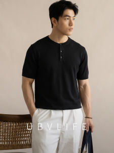 UBV | Retro Henley Collar Short Sleeve Pure Cotton Tshirt