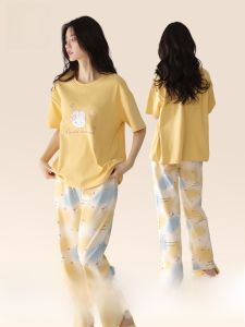 Miiow | Pure Cotton Womens Sleepwear Set With Chest Pad Summer Lightweight Comfortable Short Sleeve Long Pants Home Clothes Sweet Style