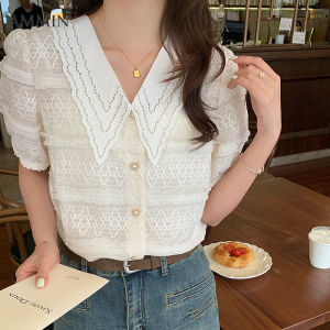AMMIN summer new womens doll collar short-sleeved lace shirt Korean fashion temperament and hundred embroidered lace tops
