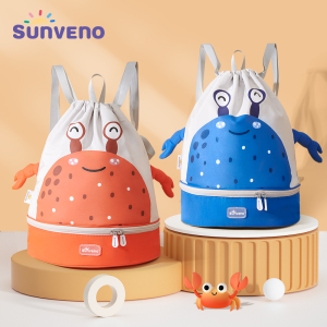 Sunveno Kids Toddler Swimming Bag Cartoon Drawstring Backpack with Dry and Wet Separation Waterproof Storage Bag
