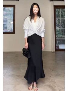 Fashionable V-neck Knot White Shirt High Waist Fish-tail Suit Skirt Set for Women Autumn Collection Polyester Fiber Long Sleeve