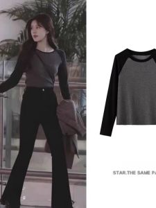 Slim Fit Long Sleeve T-Shirt Womens Fleece Lined Base Layer Shirt Korean Style Commute Fashion Color Block Design Spring Autumn Winter