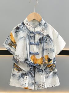 Childrens Clothing Boys Han Dynasty Summer Wear Suit 2024 New Arrival Chinese Ancient Style Summer Tang Suit Boys Childrens Day Performance Chinese Style