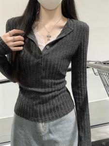 Autumn Korean Style Pure Desire Lace Trim Buttoned Faux Two-Piece Slim Fit Brushed Base Shirt T-Shirt Top for Women