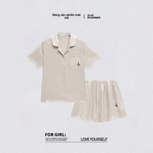 MiiOW | MiiOW Mùa hè 2025 Áo ngủ lụa băng tay ngắn quần ngắn bộ đồ ngủ thoải mái thời trang mặc nhà ngoài trời cho nữ