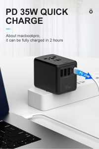 Universal Travel Adapter PD 35W & QC3.0 Plug Adapter 3 USB & 2 USB-C