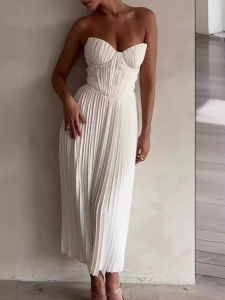 Women Fashion Solid Pleated Strapless Dress Off-shoulder Backless Sleeveless Dresses 2024 Summer Female Evening Party Vestido