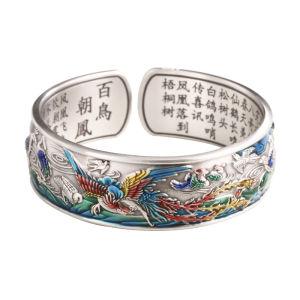 Handmade Enamel Color 999 Silver Bracelet Womens New Chinese Style National Wind Enameled Floral Pattern Solid Bracelet Gift