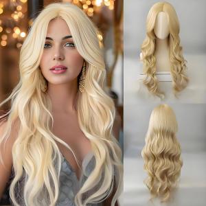 Wig female light gold long hair daily medium bangs big waves chemical fiber headgear