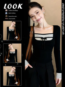 Splicing Stripe Two-piece Illusion Round Neck Long Sleeve T-shirt Slim-fitting Waist-accentuated Shirt