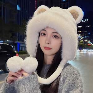 Mũ len nhung phối tai gấu dễ thương thời trang mùa đông cho nữ