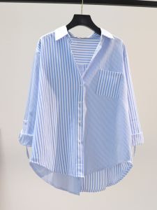 Womens Long Sleeve Shirt Spring Autumn Single Pocket Back Split Striped Brand Discount Tagless Fashion Sun Protection Top