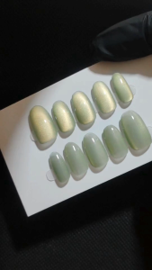pastel green gold cat-eye glossy color artificial press on nail  short oval shape fake nails