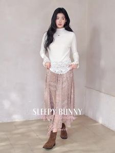 Áo Thun Cao Cổ Ôm Phong Cách Pháp Viền Ren