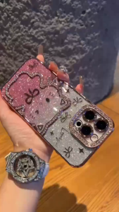 SHINING CHROME KITTY SWAROVSKI [ KITTY CHROME ] APER GLITER WITH LENS GLASS PROTEC FOR IPHONE 11 11promax 12 12promax 13 13pro 13promax 14 14pro 14promax 15 15pro 15promax 16 16pro 16plus 16promax