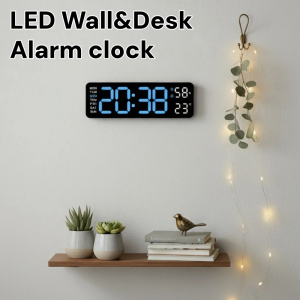 LED Digital Wall&Desk Alarm Clock – 12/24h/3 levels Dimming/Date/Day of Week/Temp Display,Battery or USB Powered for HomeOffice