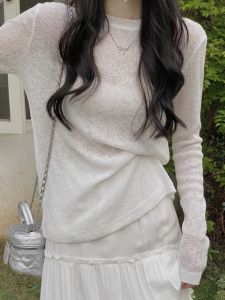 Thin Ice Silk Knitted Long Sleeve Base Shirt Womens Autumn 2025 Lazy Style Sun Protection Cover up T-Shirt Top Korean Style Loose Fit