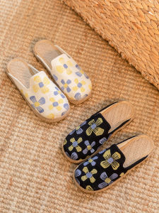 Handmade Linen Outdoor Slippers Womens Summer Half Slippers Grass Woven Ethnic Style Beijing Old School Flat Heel Rubber Sole