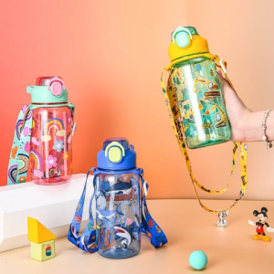 600ML Kid Cute Colorful Bottle Straw & Strap Drinking Bottle Water Bottle for school excavator shark rainbow -SCR-58