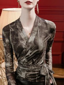 Retro Print Adjustable Tie Design V-Neck Mesh Top Women Long Sleeve Slimming Fashionable Spring T-Shirt Bodycon Style