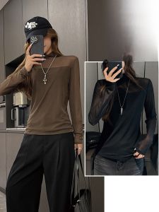 Miiow | Cat Lady Pure Desire Mesh Splice Base Shirt Womens Spring Autumn Half High Collar Inner Wear Top New 2025 High End T-Shirt