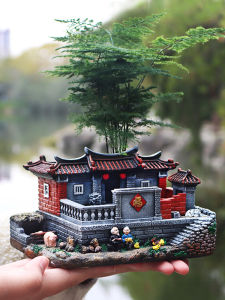 Retro Creative Living Room Miniature Building Decorations Desktop Scenery Indoor Vintage House Flower Pot Model Accessories