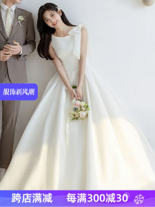 White French Lightweight Wedding Dress Satin Fabric Banquet Engagement Elegant Luxury Short Size Sweet Style Outdoor Grass