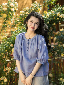 Artistic Linen Shirt Loose Fit Travel Wear Womens Top Breathable Half Open Button round Neck Five Sleeve Summer Fashion