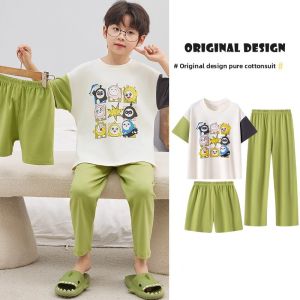 Miiow | Pure Cotton Short Sleeve Childrens Sleepwear Set Cartoon Boy Home Clothes Three-Piece Suit For Boys Ages 4-13 Breathable Comfortable