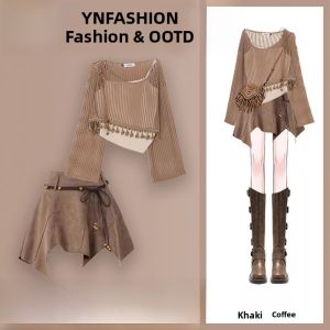 Slimming Effect Summer Set Hollow out Top Strap Vintage Mini Skirt Three Piece Womens Fashion Ensemble Short Sleeve round Neck