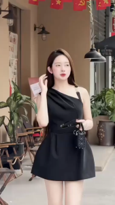 QCDX_ Đầm váy thiết kế đầm đi tiệc đầm công sở nữ ngắn lệch vai chất Bố Ruby mini có lót có khoen