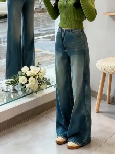 MANMI | Quần Jeans Retro Xanh Đen Cao Waist Rộng Dưới Phong Cách Thời Trang