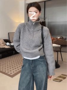 Gray Bear Short Sleeveless Sweater Womens Autumn Winter Lazy Style Thickened Zipper Flip Collar Knitted Shirt Korean Version Loose Fit