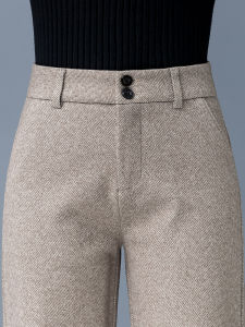 กางเกงขายาวทรงหลวมเอวสูงผ้าขนสัตว์สีกรมท่าสำหรับผู้หญิง ฤดูใบไม้ร่วง/ฤดูหนาว กางเกงขายาวทรงหลวมสำหรับผู้หญิงไซส์ใหญ่