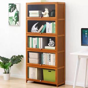 Bamboo Glass Cabinet For Display Acrylic Door 1/2/3/4/5 Layers Natural Bamboo 100KG Load-Bearing Wooden Cabinet Shelf Organizer书柜