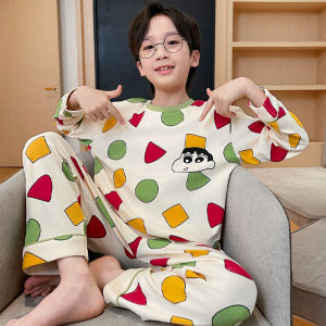 Pure Cotton Long Sleeve round Neck Home Clothes Set for Boys Spring Autumn Cartoon Doodle Xiao Xin Baby Soft Breathable Moisture Wicking