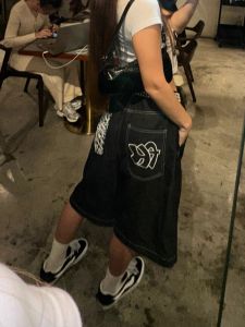 Plus Size American Retro Embroider Denim Shorts Summer Loose Wide Leg Hiphop Hip Hop Straight-Leg Pants Half Length Middle Pants