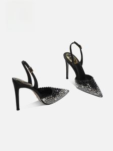 รองเท้าแตะส้นสูงสีดำ ทรงหัวแหลม สำหรับผู้หญิง ฤดูร้อน 2025 รองเท้าแตะส้นบางประดับเพชร ทรงหัวแหลม รองเท้าแตะแบบสวม สไตล์สตรีท