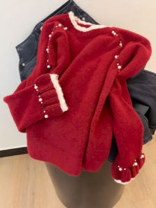 QINGNAER | Luxurious Elegant Sweet Colorblock Beaded Crewneck Sweater