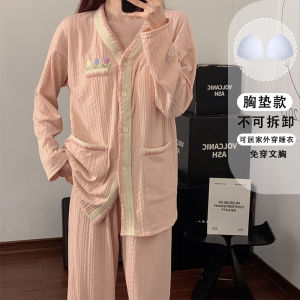 สีม่วงอ่อน ลายดอกไม้ ผ้าฝ้าย ชุดนอน ผู้หญิง แขนยาว คาร์ดิเกน ชุดอยู่บ้าน Pure ผ้าฝ้าย มีแผ่นรองหน้าอก ฤดูใบไม้ผลิ ฤดูใบไม้ร่วง แบบใหม่