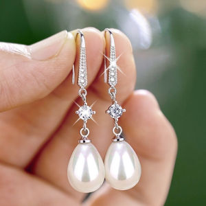 Huitan Trắng Giả Ngọc Trai Tòn Ten Bông Tai Nữ Hợp Thời Trang Cưới Cô Dâu Phụ Kiện Tai Quà Kỷ Niệm Trang Sức Thời Trang
