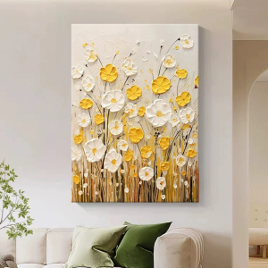 Dafen Village Handmade Painting Cream Style Abstract Yellow Florals Texture Sense Living Room Decorative Painting Restaurant Hallway Hanging Painting