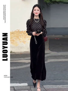 Spring Autumn Polka Dot Long Sleeve Shirt High Waist Mini Skirt Two Piece Set Anti Aging Fashionable Womens Clothing
