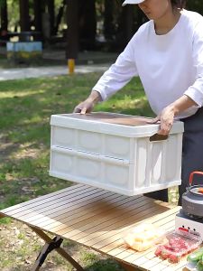 Romantika Foldable Picnic Box Table 52*35*29CM with Handle Multifunctional Outdoor Organizer Packing Box Waterproof Wooden Top Cutting Board Plastic Chair Camping Accessories Large Capacity