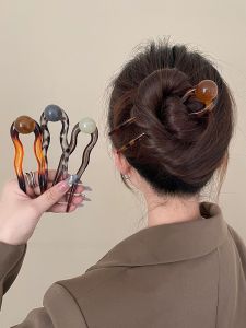 Elegant U-Shaped Hairpin Womens New 2024 Wave Pearl Hairpin Back of Head Bun Maker High-End Hairpin Chignon