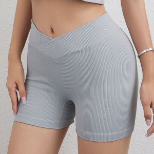 Jiu Mai Yi กางเกงกีฬาขาสั้นรัดรูปลายริ้วเปลือยสำหรับผู้หญิงกางเกงฮอตแพนท์ฟิตเนสยกสะโพกลูกพีชสำหรับเล่นโยคะวิ่งฟิตเนสยกสะโพก