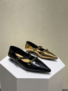 Gold Flat Heels Mary Janes Chain Detail Fashionable Leather Womens Shoes Pointed Toe Slip-On Low Rubber Sole Casual Footwear