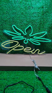 ป้ายไฟนีออน ป้ายไฟ OPEN เเนวนอน ใบกัญชา ,ใบชา ไฟประดับตกแต่ง ป้ายไฟสำรับตกแต่งหน้าร้าน