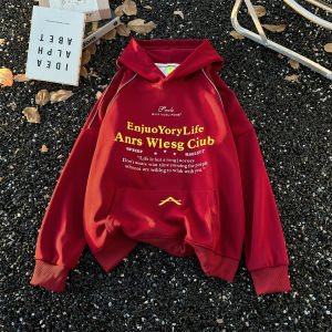 เสื้อสเวตเตอร์ฮู้ดพิมพ์ลายตัวอักษรสไตล์อเมริกันสำหรับผู้ชาย ทรงหลวม แขนยาว ปกติ ฤดูใบไม้ผลิและฤดูใบไม้ร่วง